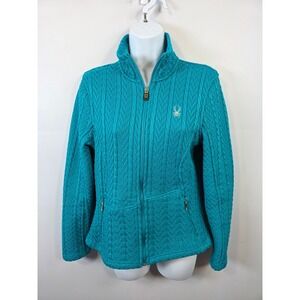 Spyder Womens Teal Blue Cable Knit Full Zip Fleece Jacket Mock Neck Size Medium